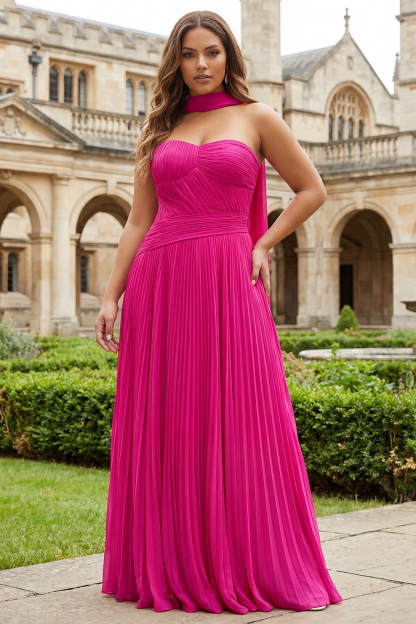 Fuchsia Strapless Pleated Neck Scarf A Line Maxi Prom Dress