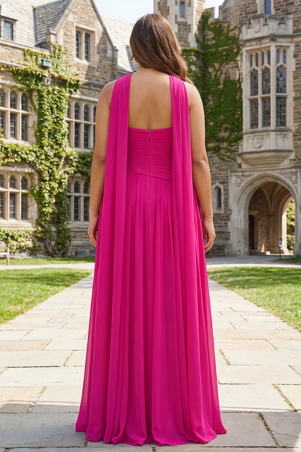Fuchsia Strapless Pleated Neck Scarf A Line Maxi Prom Dress