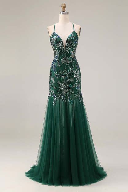 Leely Women Sparkly Floral Dark Green Tulle Maxi Prom Dress Appliqued Spaghetti Straps Mermaid Criss Cross Back Pageant Dress with Sequins