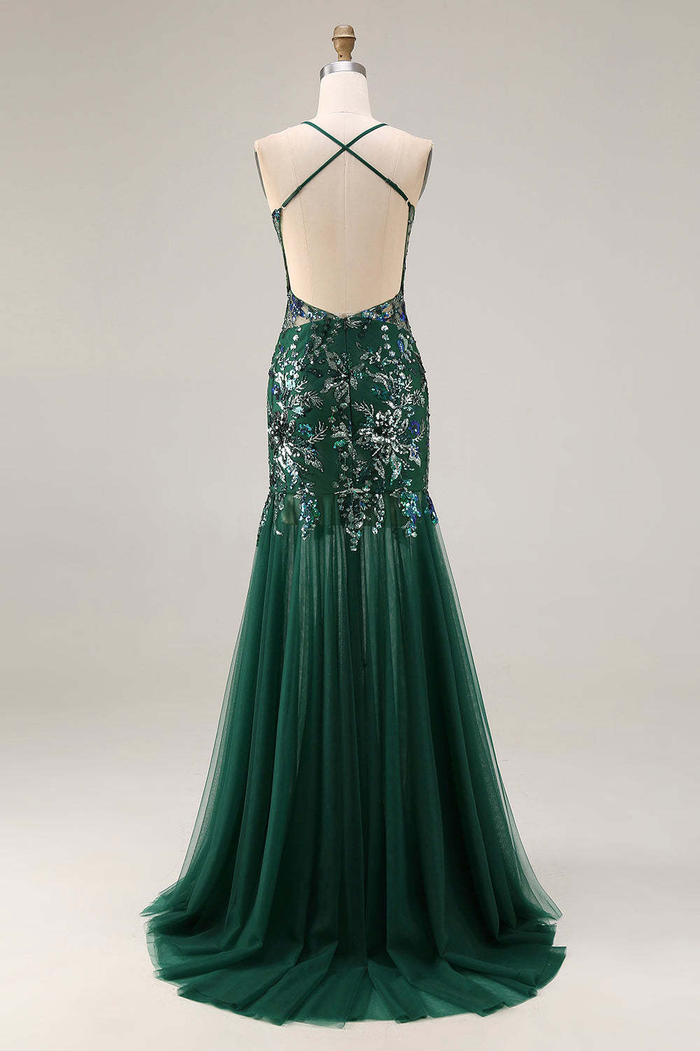 Sparkly Sequin Floral Dark Green Mermaid Tulle Long Prom Dress