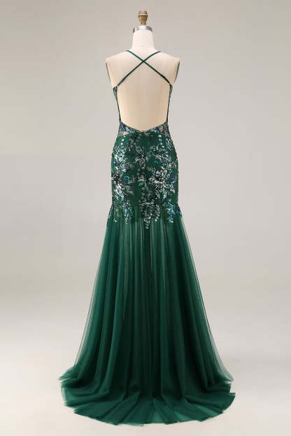Sparkly Sequin Floral Dark Green Mermaid Tulle Long Prom Dress