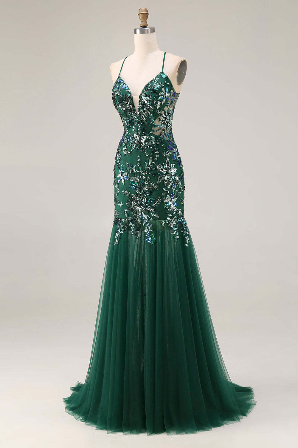 Sparkly Sequin Floral Dark Green Mermaid Tulle Long Prom Dress