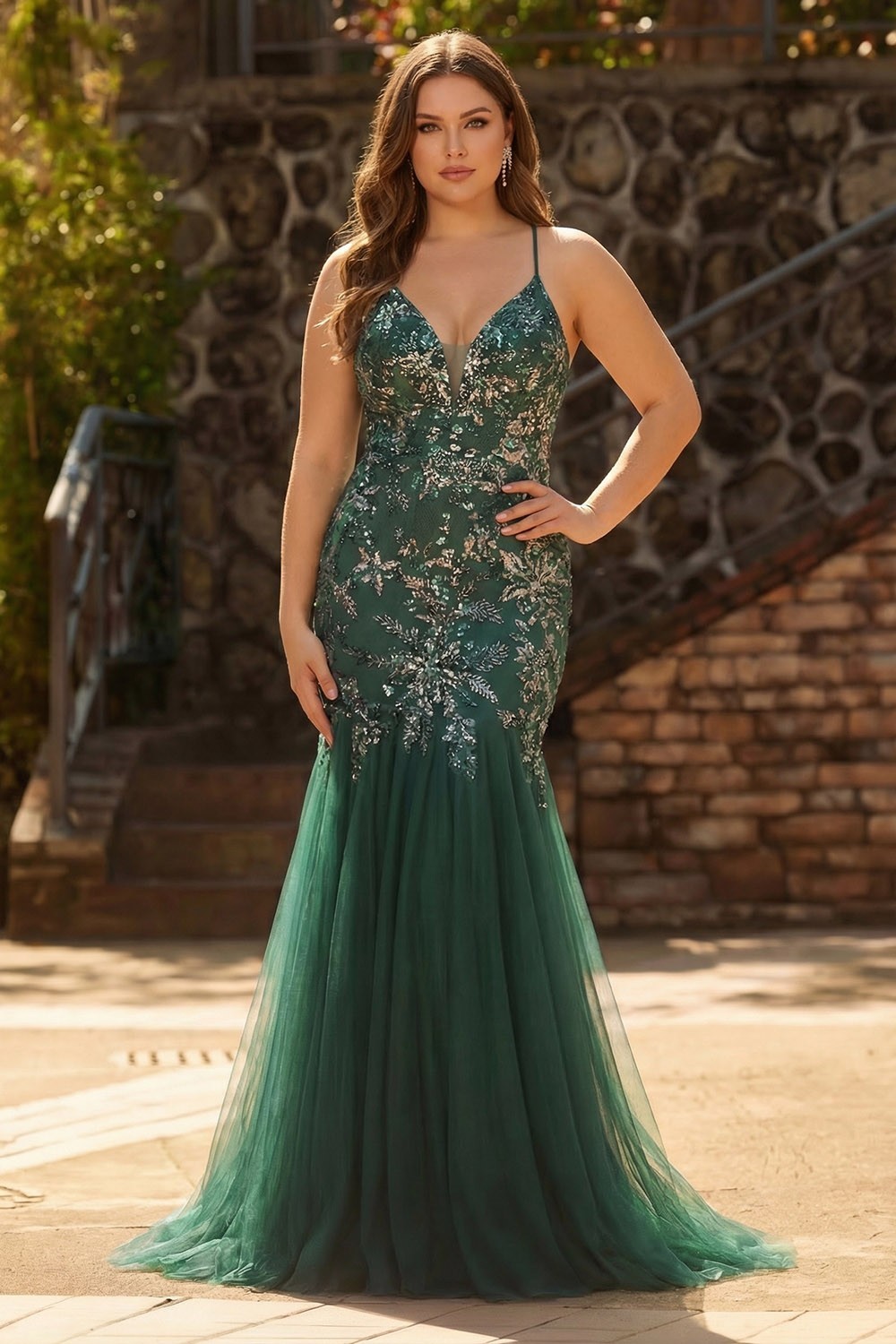 Sparkly Sequin Floral Dark Green Mermaid Tulle Long Prom Dress