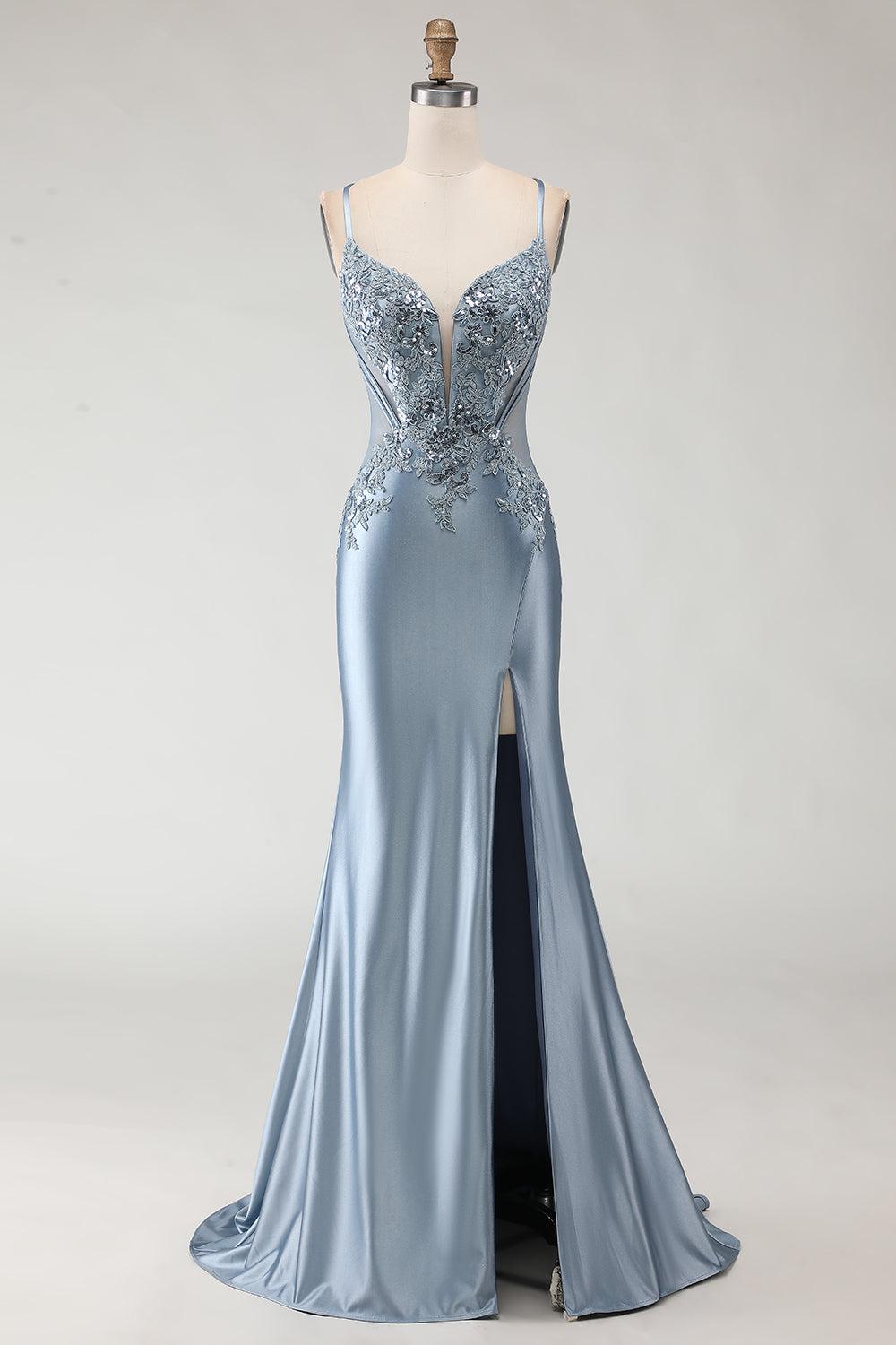 Grey Blue Mermaid Spaghetti Straps Long Prom Dress with Slit