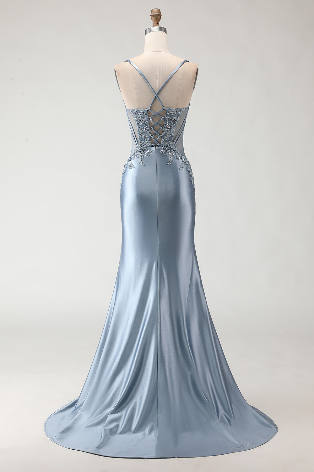 Grey Blue Mermaid Spaghetti Straps Long Prom Dress with Slit
