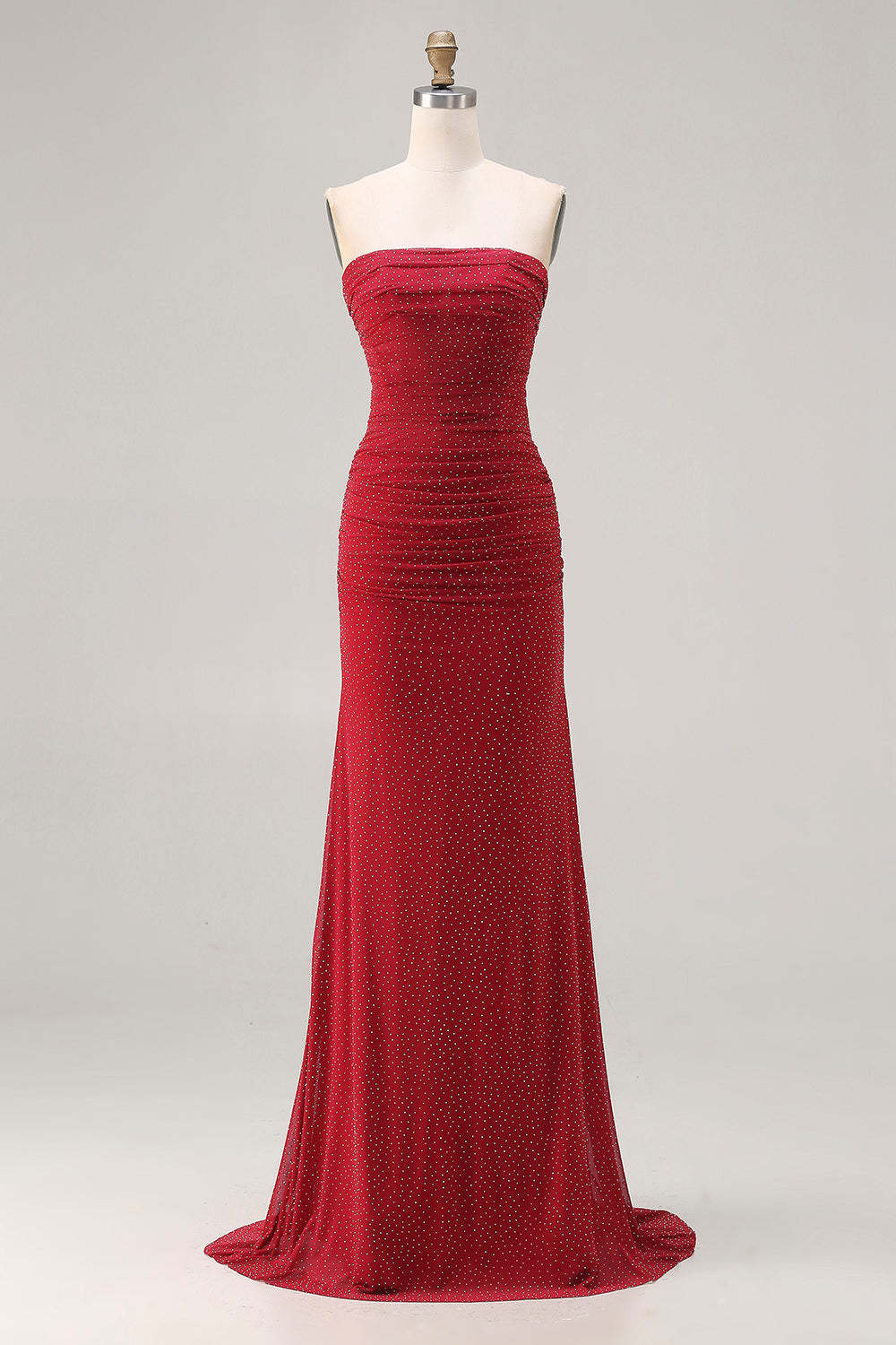 Leely Women Sparkly Red Beaded Long Prom Dress Mermaid Ruched Strapless Polka Dots Gala Dress