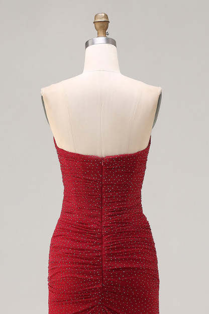 Sparkly Red Polka Dots Strapless Beaded Mermaid Long Prom Dress