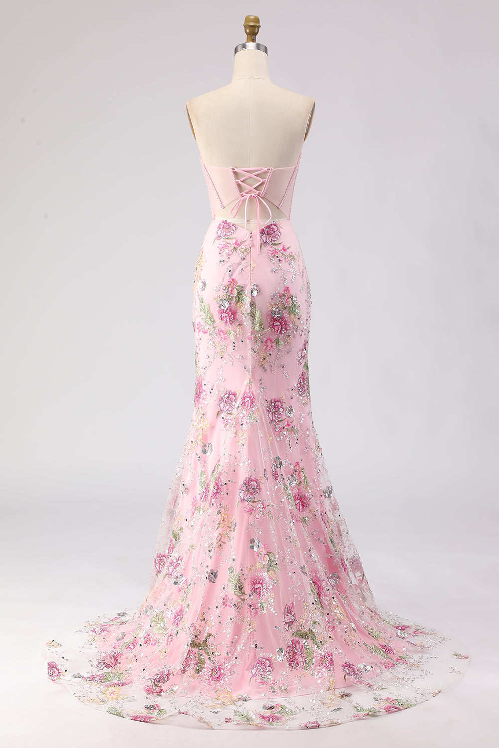 Pink Sequins Beaded Strapless Mermaid Long Corset Prom Dress with Slit