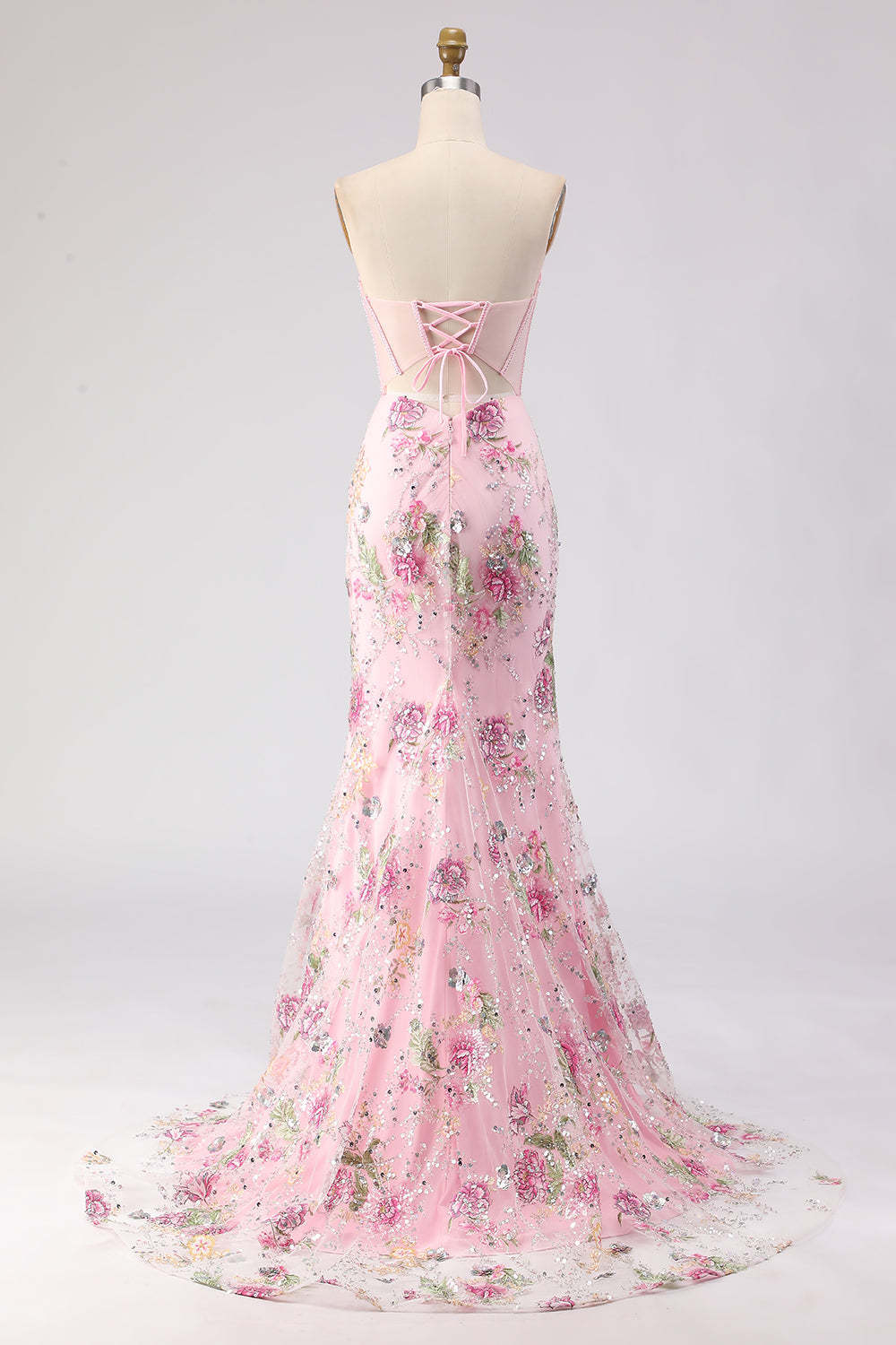 Pink Sequins Beaded Strapless Mermaid Long Corset Prom Dress with Slit