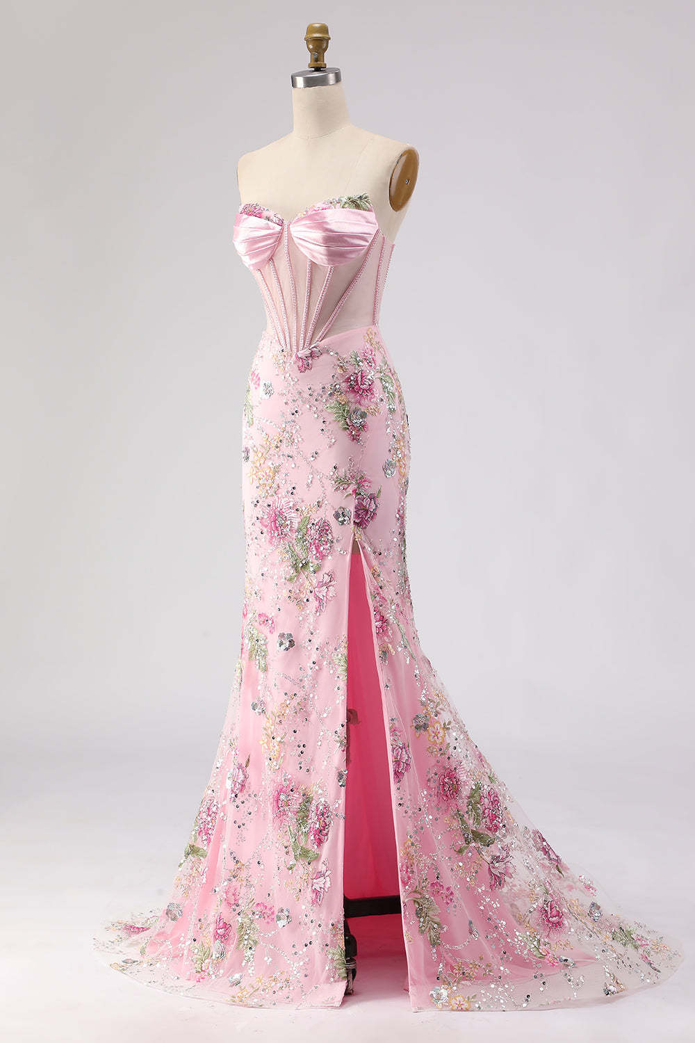 Pink Sequins Beaded Strapless Mermaid Long Corset Prom Dress with Slit