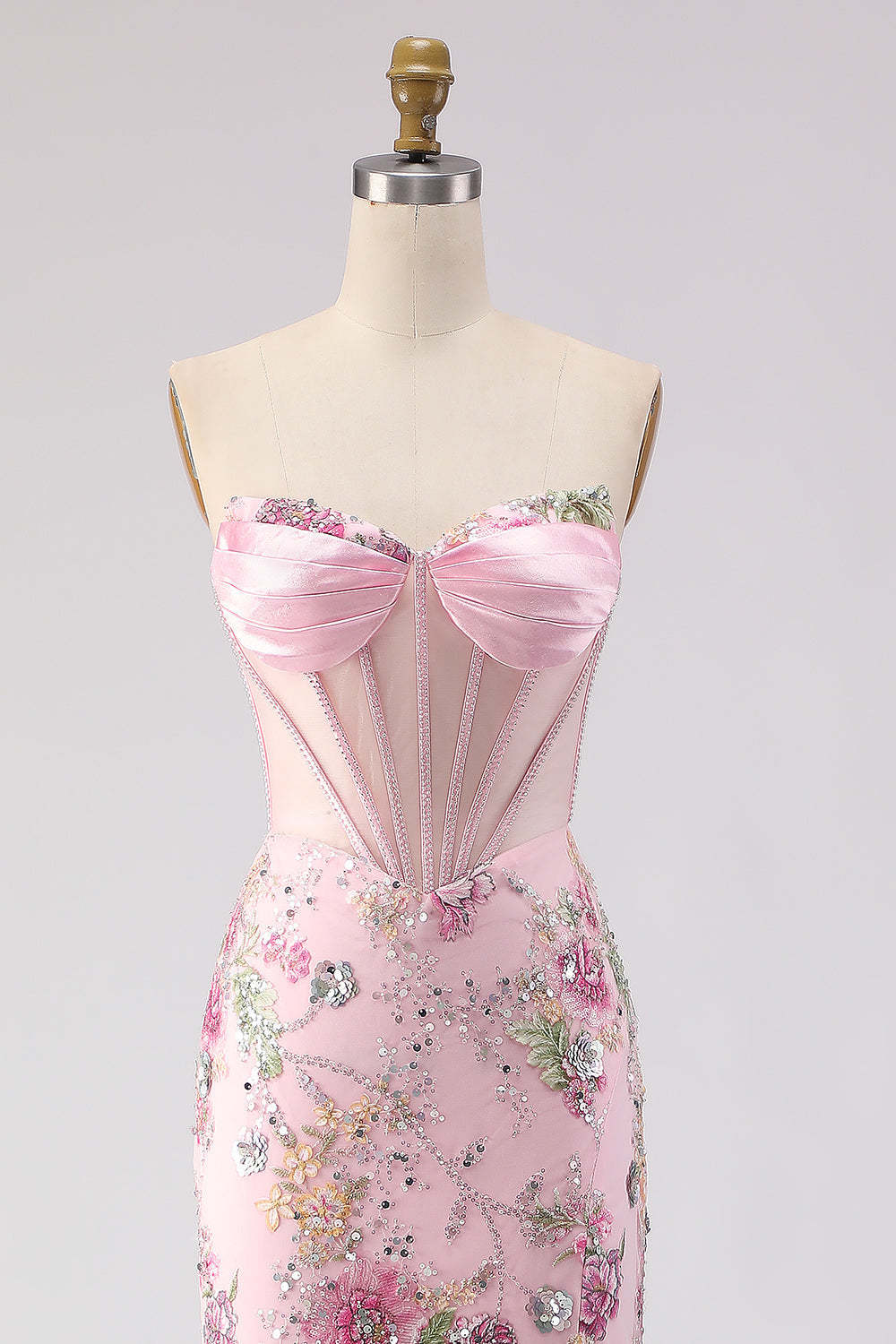 Pink Sequins Beaded Strapless Mermaid Long Corset Prom Dress with Slit