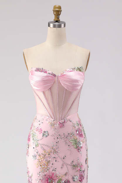 Pink Sequins Beaded Strapless Mermaid Long Corset Prom Dress with Slit