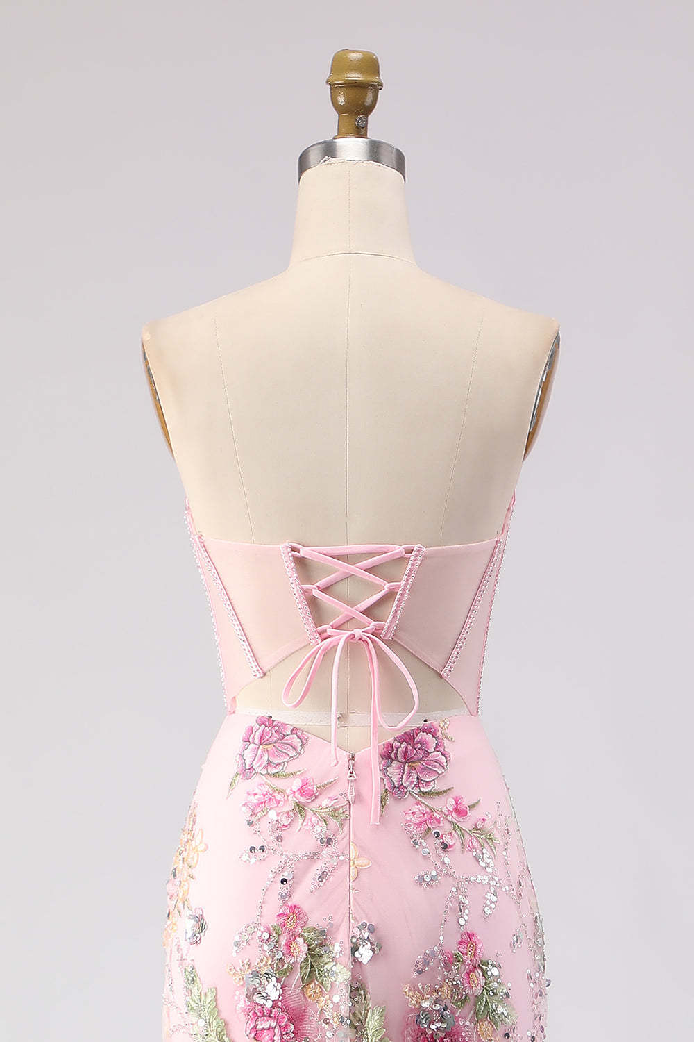 Pink Sequins Beaded Strapless Mermaid Long Corset Prom Dress with Slit