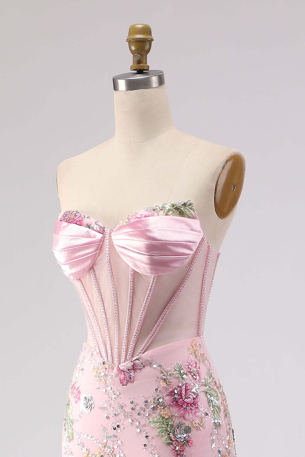 Pink Sequins Beaded Strapless Mermaid Long Corset Prom Dress with Slit