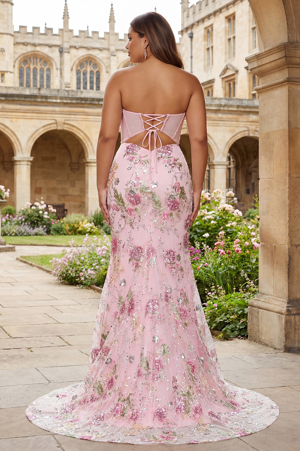 Pink Sequins Beaded Strapless Mermaid Long Corset Prom Dress with Slit