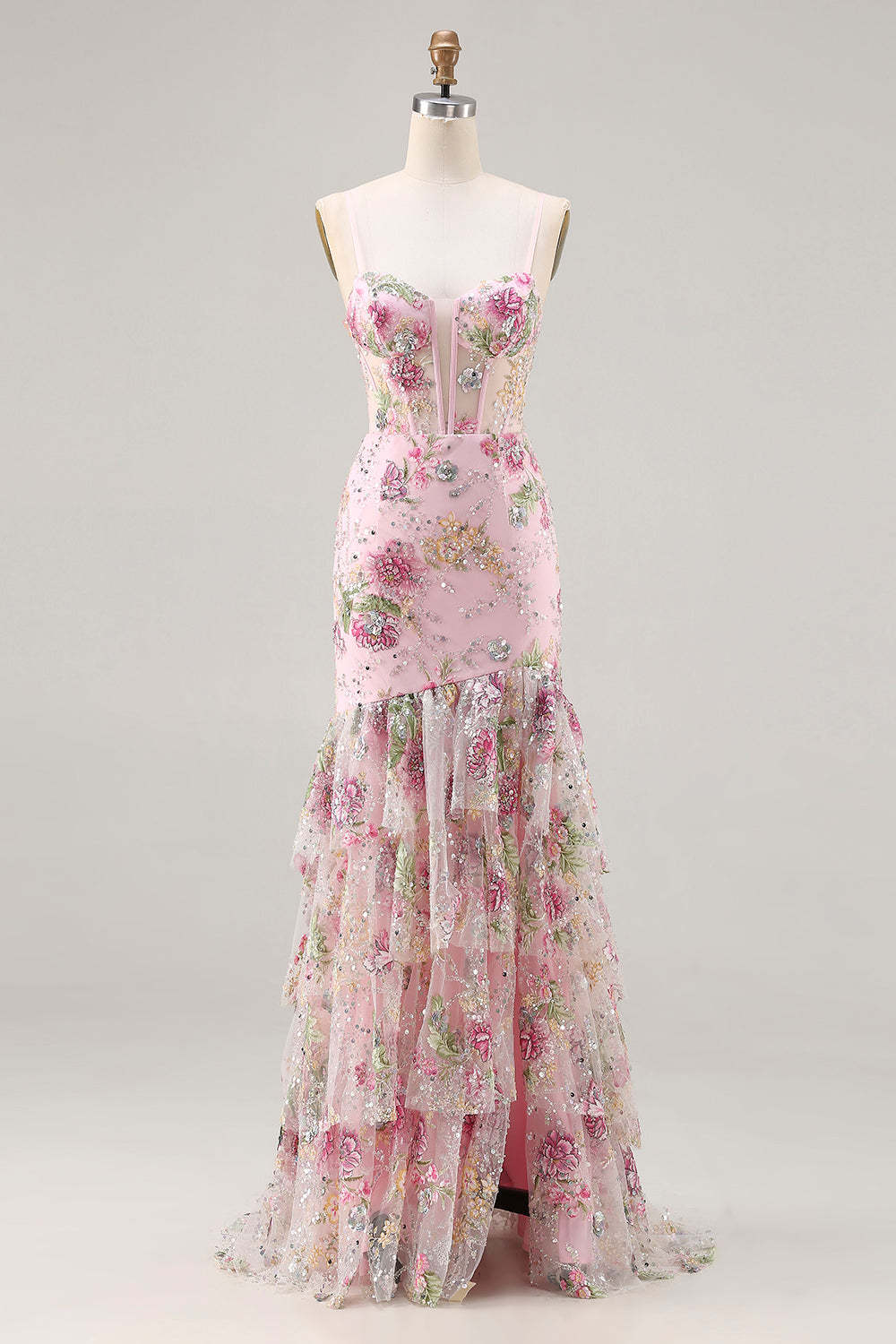 Floral Pink Sparkly Mermaid Maxi Corset Prom Dress with Ruffles