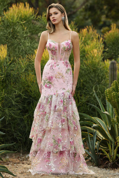 Floral Pink Sparkly Mermaid Maxi Corset Prom Dress with Ruffles