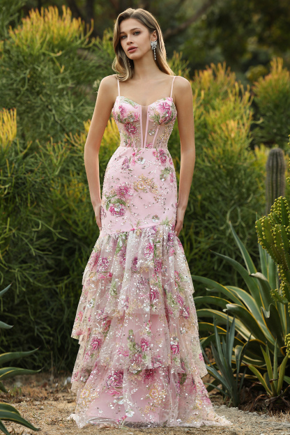 Sparkly Pink Floral Mermaid Beaded Tiered Long Corset Prom Dress