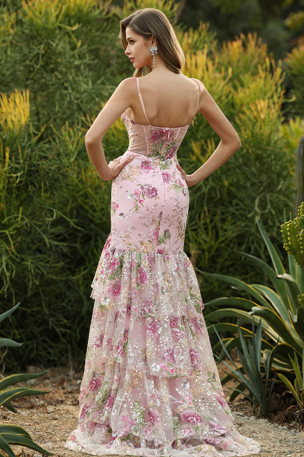 Sparkly Pink Floral Mermaid Beaded Tiered Long Corset Prom Dress