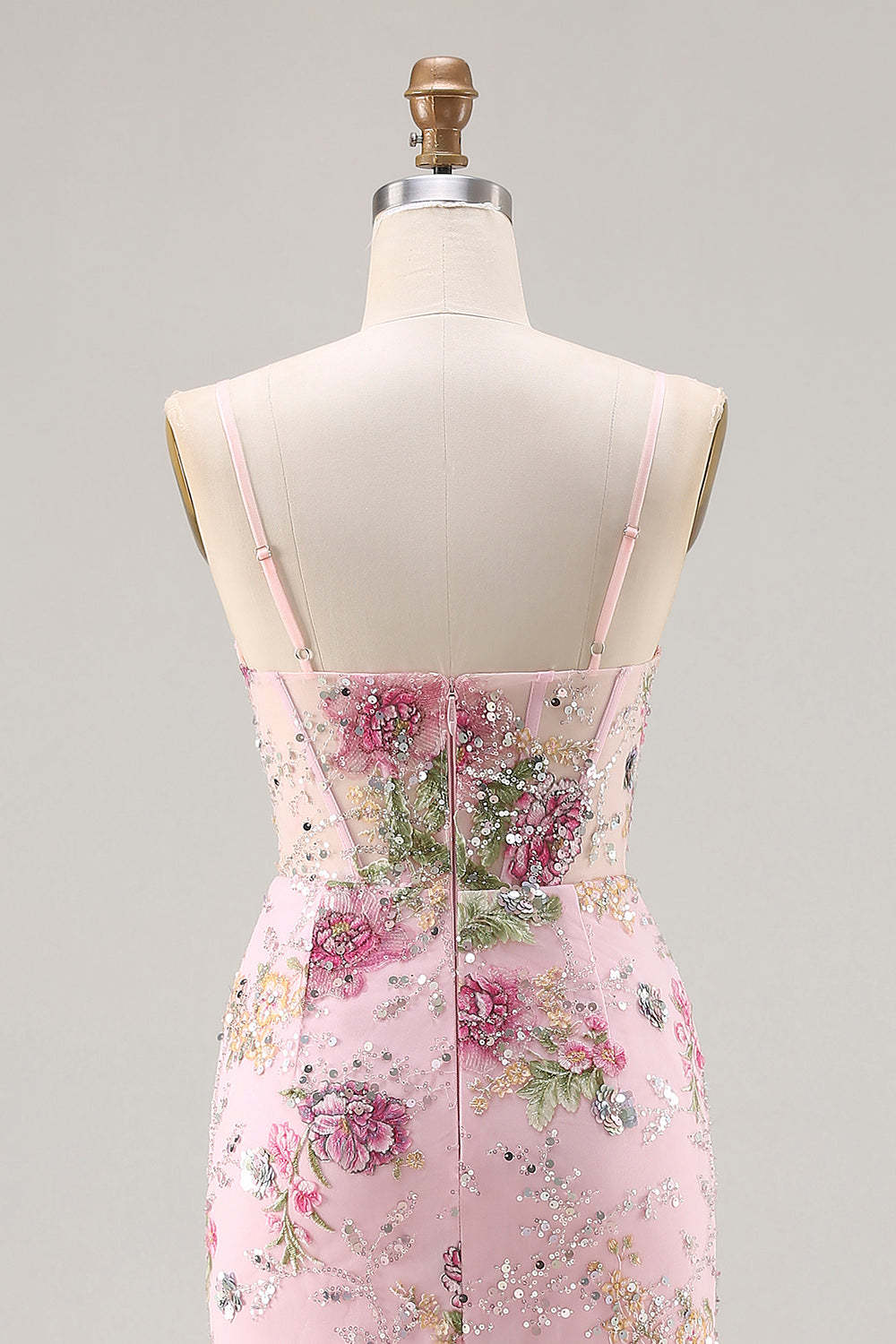 Sparkly Pink Floral Mermaid Beaded Tiered Long Corset Prom Dress