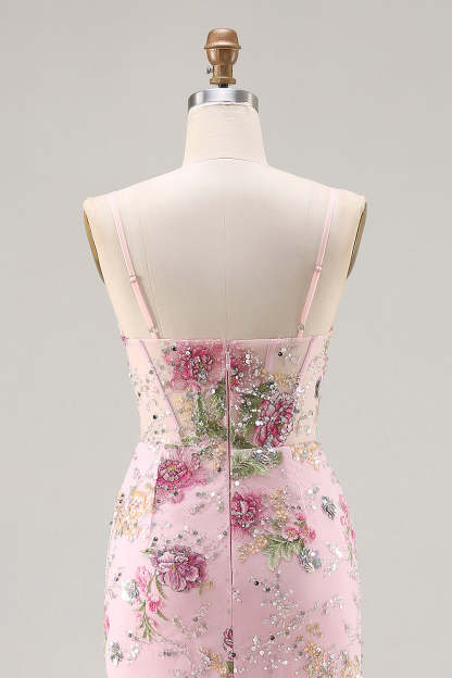 Sparkly Pink Floral Mermaid Beaded Tiered Long Corset Prom Dress