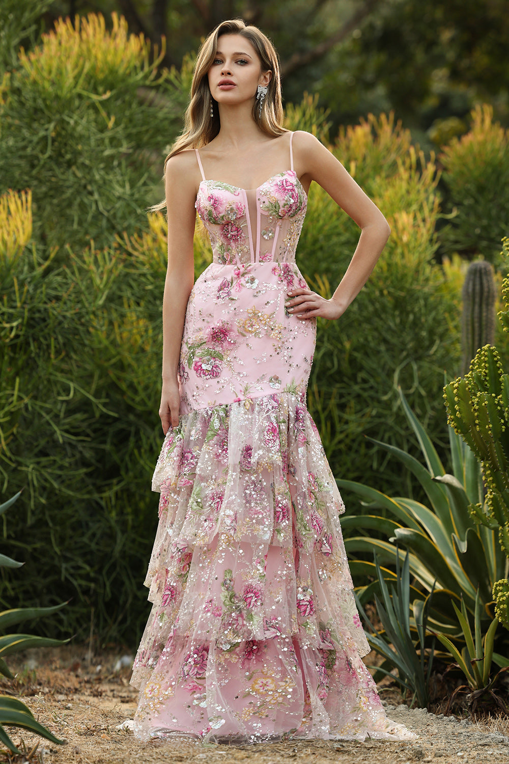 Floral Pink Sparkly Mermaid Maxi Corset Prom Dress with Ruffles