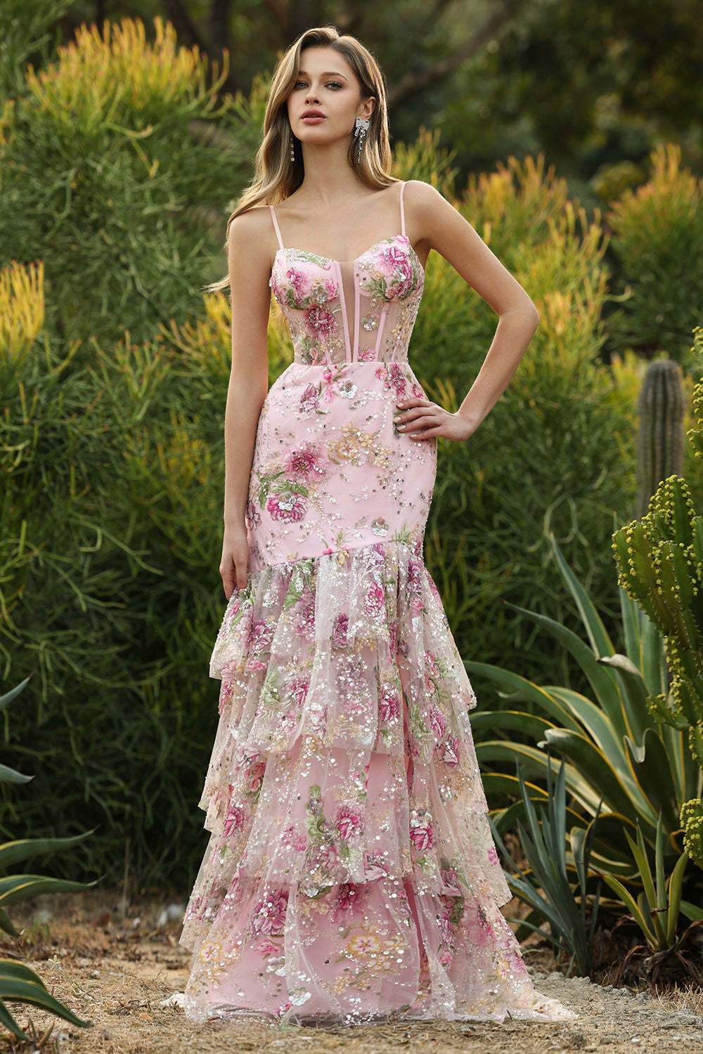 Floral Pink Sparkly Mermaid Maxi Corset Prom Dress with Ruffles