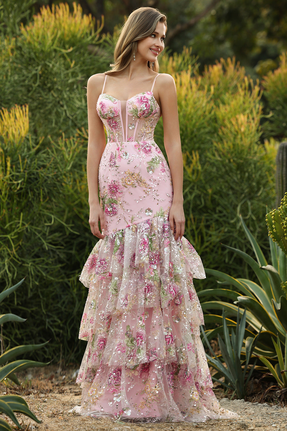 Floral Pink Sparkly Mermaid Maxi Corset Prom Dress with Ruffles