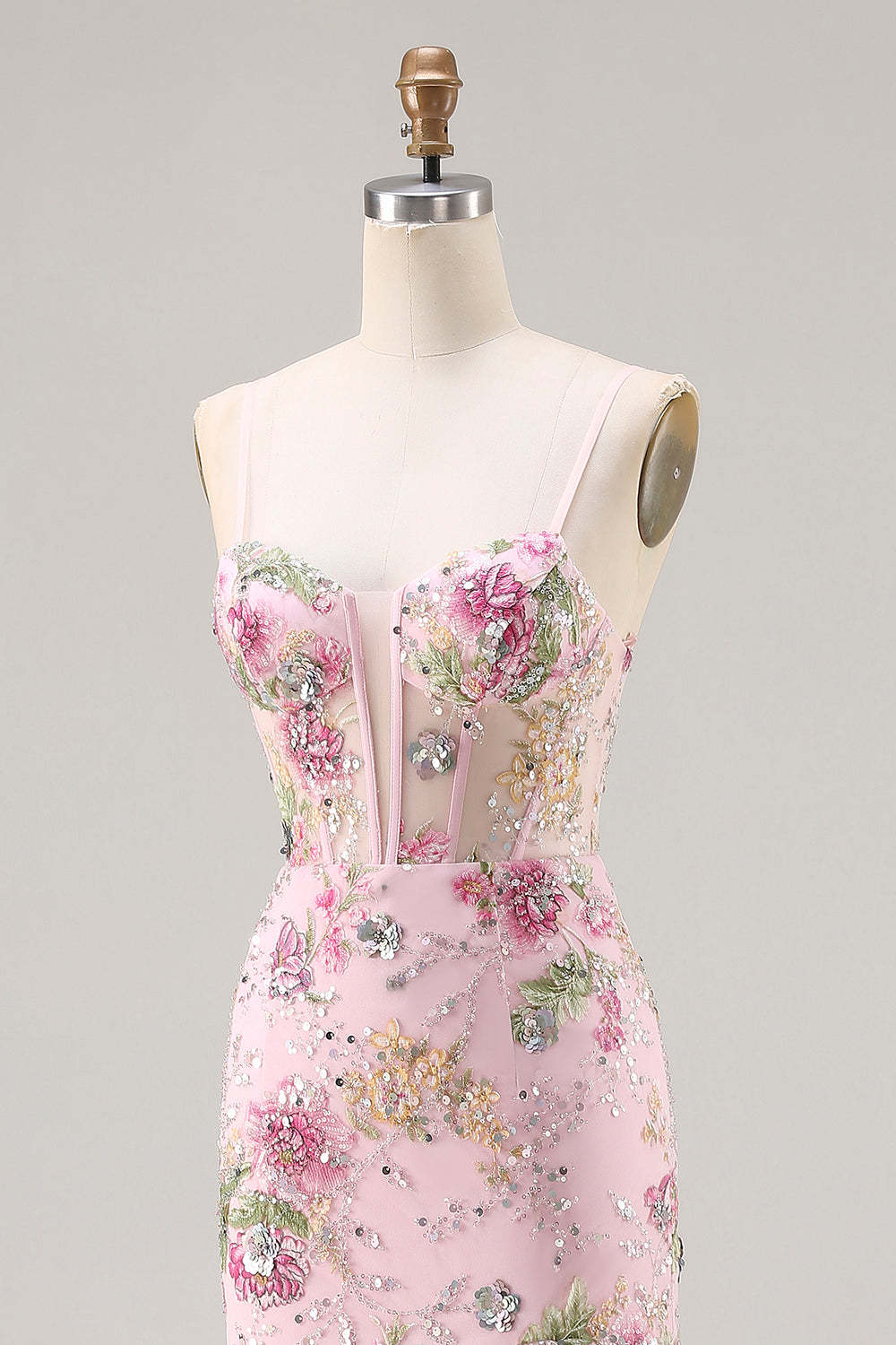 Sparkly Pink Floral Mermaid Beaded Tiered Long Corset Prom Dress