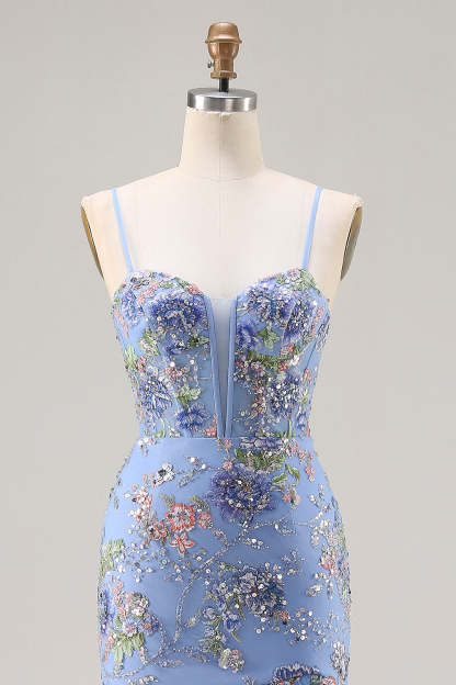 Sparkly Pink Floral Mermaid Beaded Tiered Long Corset Prom Dress