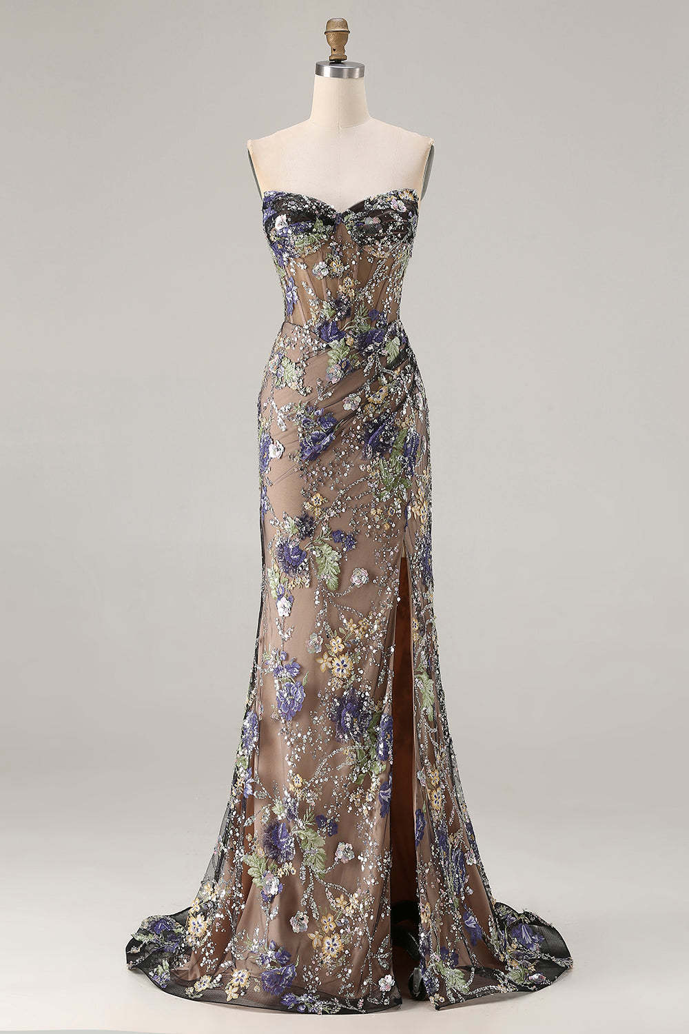 Floral Black Sparkly Mermaid Beaded Maxi Corset Prom Dress with Slit