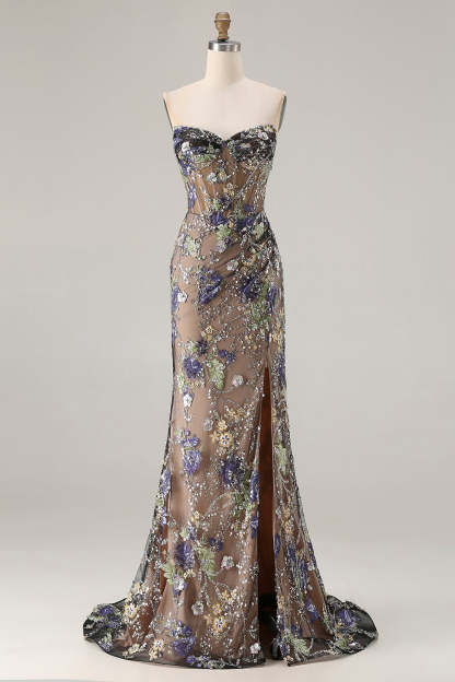 Floral Black Sparkly Mermaid Beaded Maxi Corset Prom Dress with Slit