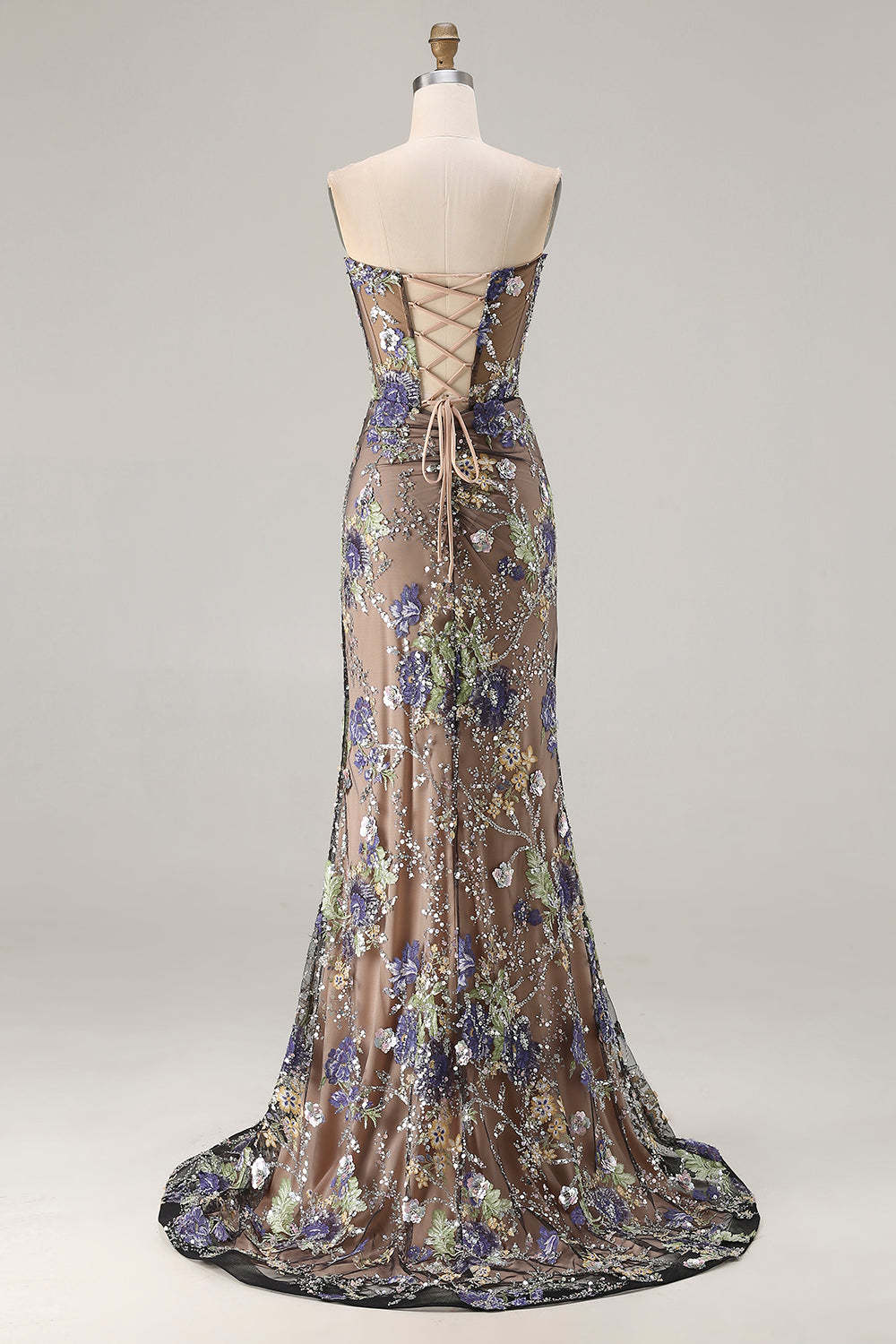 Floral Black Sparkly Mermaid Beaded Maxi Corset Prom Dress with Slit