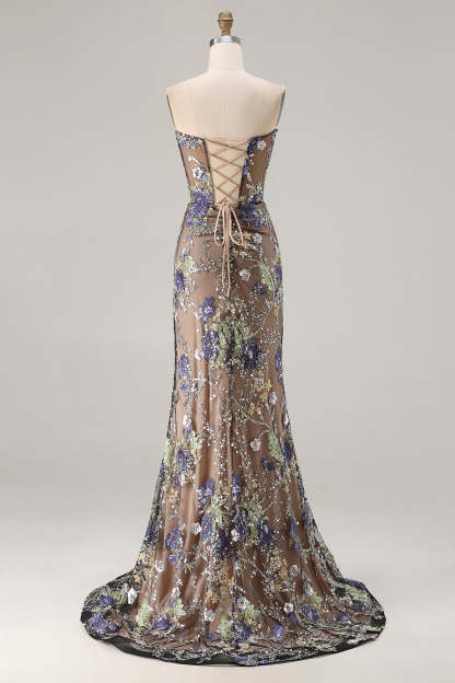 Floral Black Sparkly Mermaid Beaded Maxi Corset Prom Dress with Slit