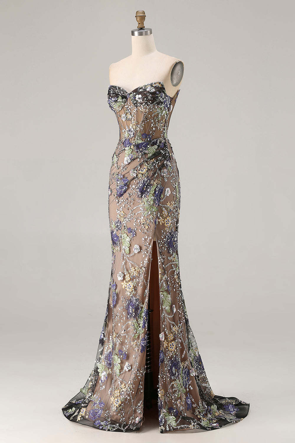 Sparkly Floral Black Mermaid Beaded Long Corset Prom Dress with Slit