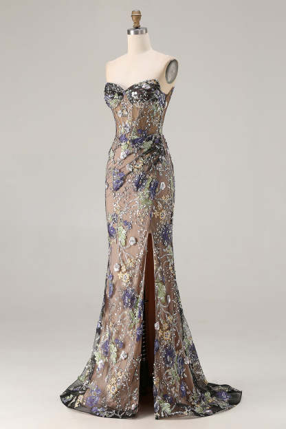 Sparkly Floral Black Mermaid Beaded Long Corset Prom Dress with Slit