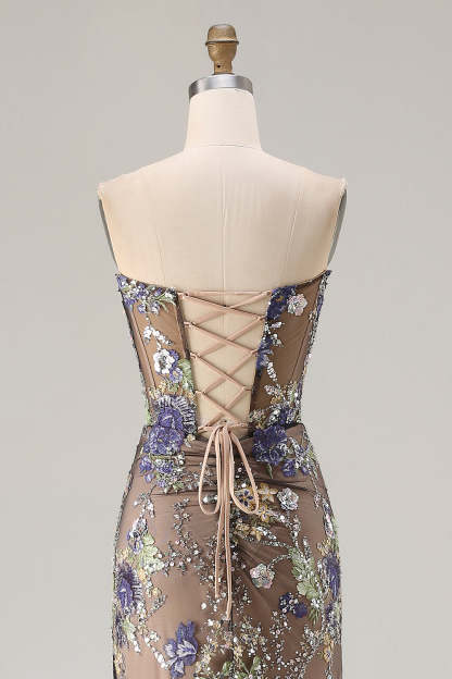 Sparkly Floral Black Mermaid Beaded Long Corset Prom Dress with Slit