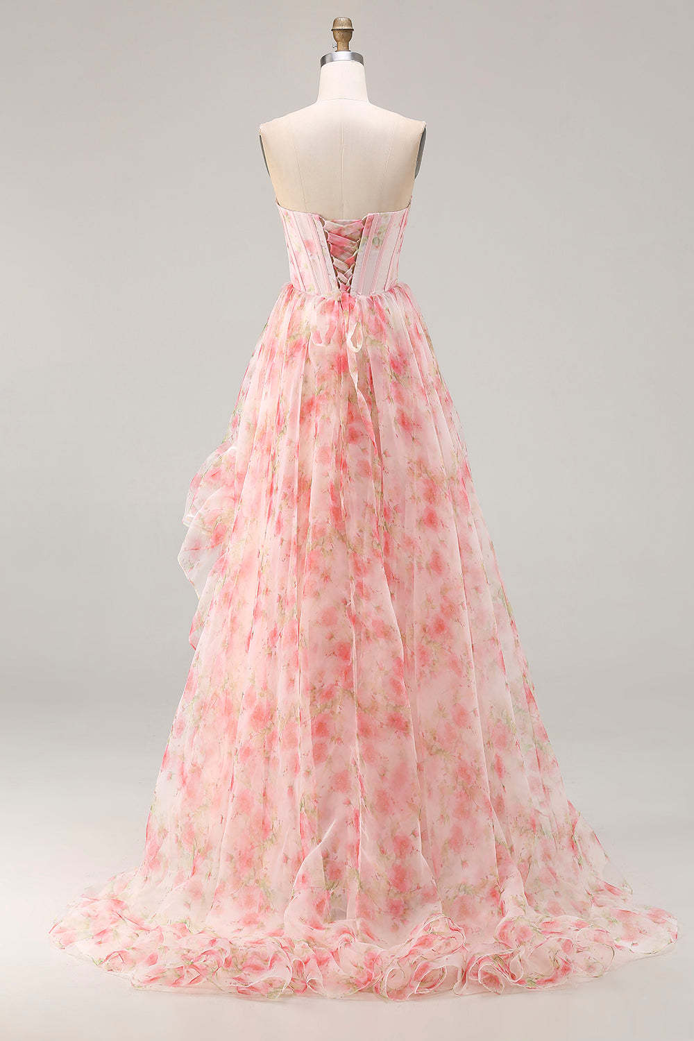Floral Pink A Line Lace Up Back Strapless Maxi Corset Prom Dress