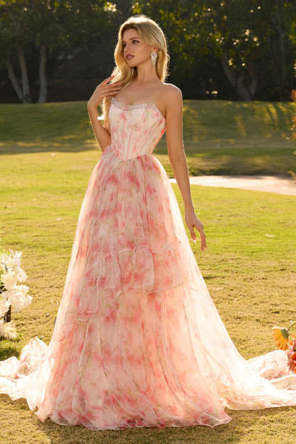 Floral Pink A Line Lace Up Back Strapless Maxi Corset Prom Dress