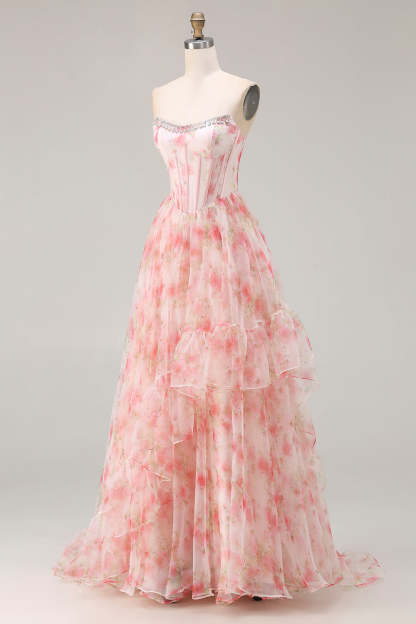 Sparkly Floral Pink A Line Beaded Long Corset Prom Dress with Ruffles