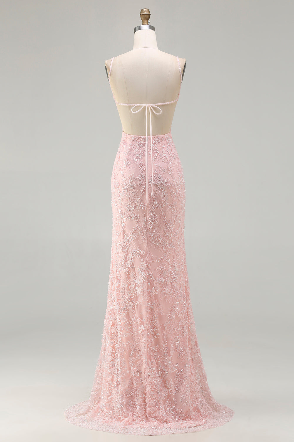 Floral Pink Sparkly Spaghetti Straps Beaded Maxi Prom Dress with Slit