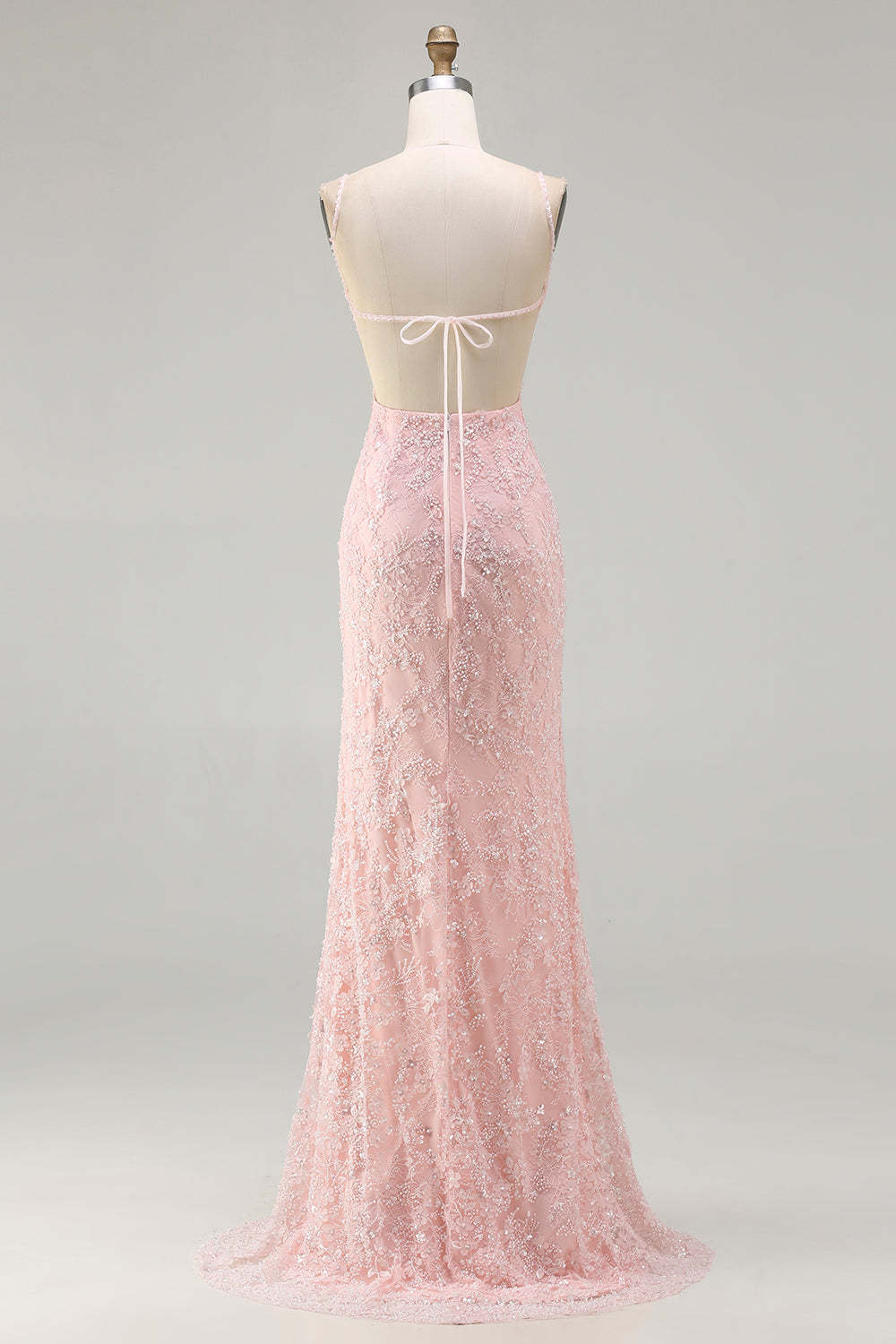 Floral Pink Sparkly Spaghetti Straps Beaded Maxi Prom Dress with Slit