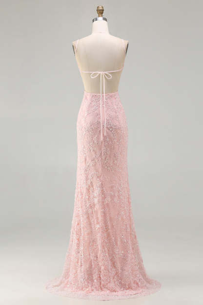 Floral Pink Sparkly Spaghetti Straps Beaded Maxi Prom Dress with Slit