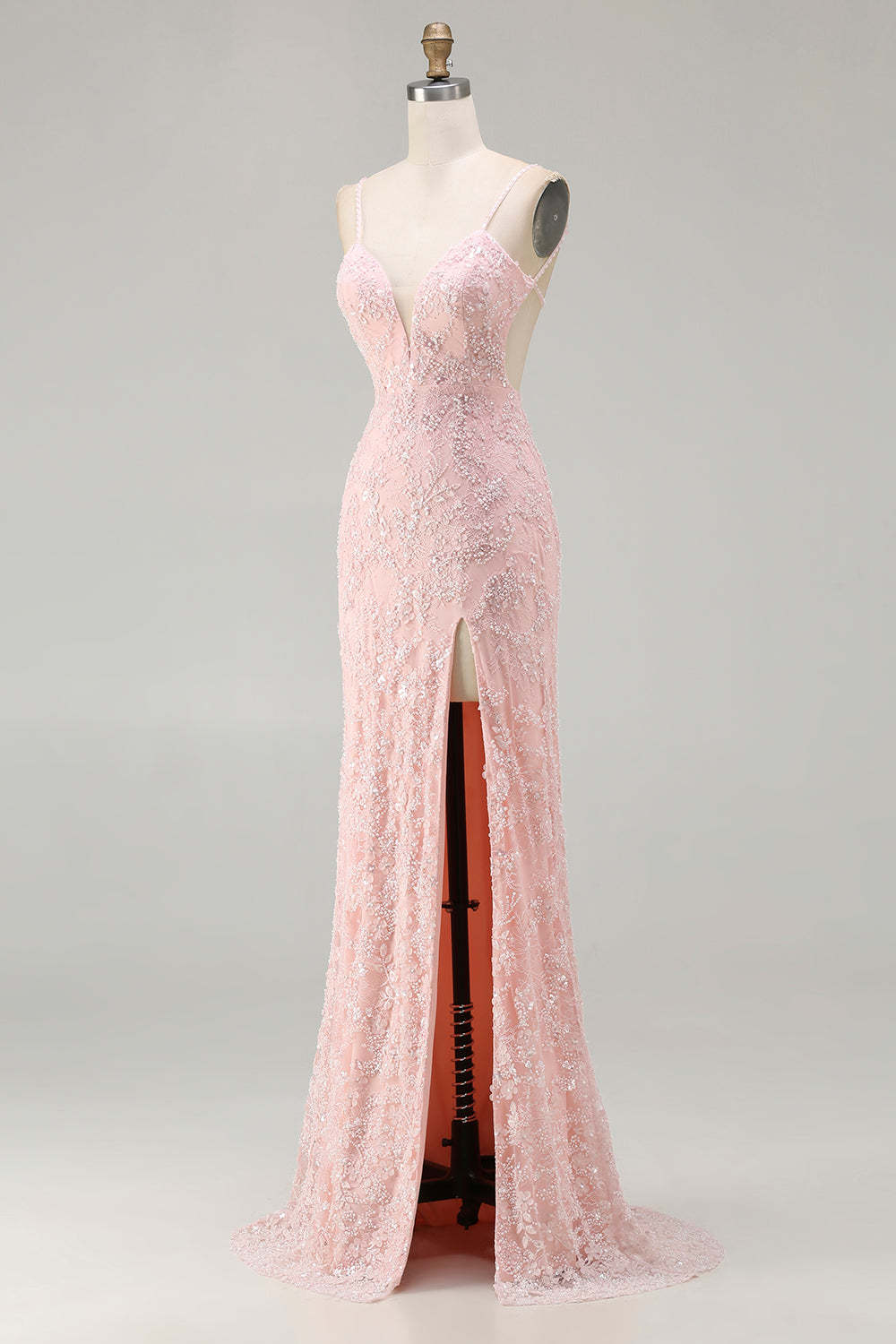 Sparkly Floral Pink Mermaid Long Beaded Prom Dress with Slit