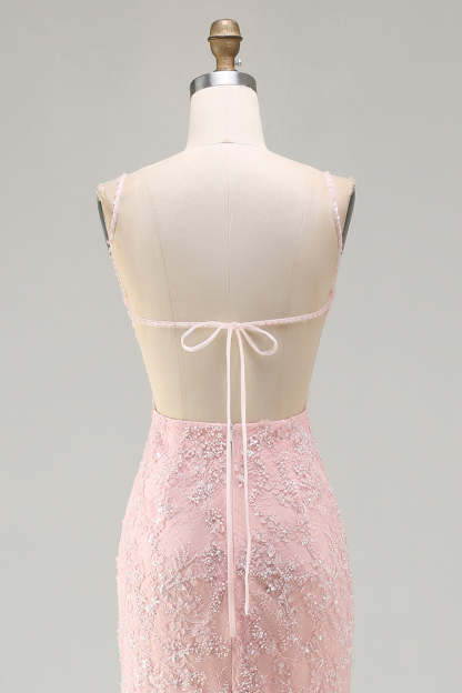 Sparkly Floral Pink Mermaid Long Beaded Prom Dress with Slit