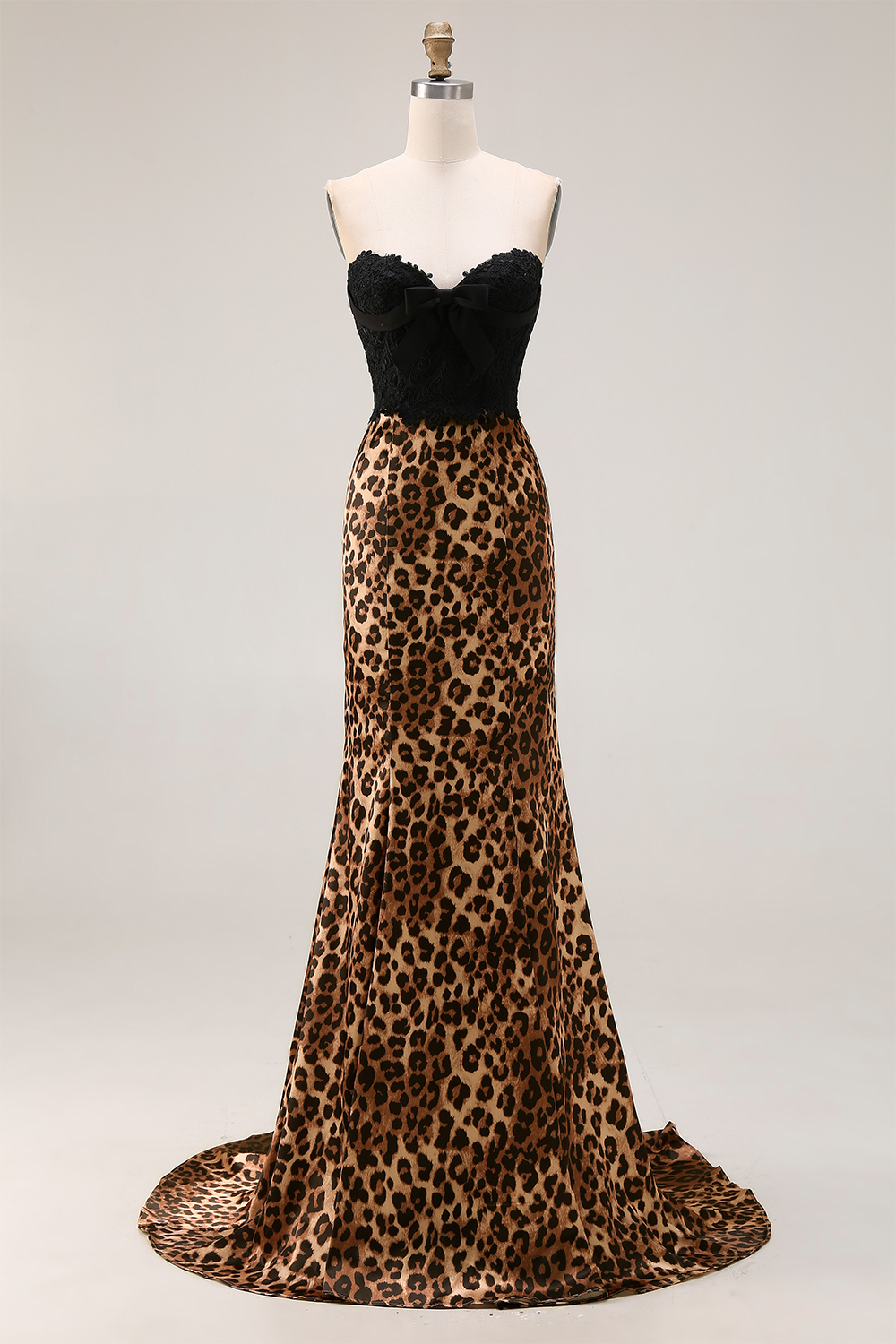 Brown Leopard Print Mermaid Sweetheart Long Prom Dress with Bow
