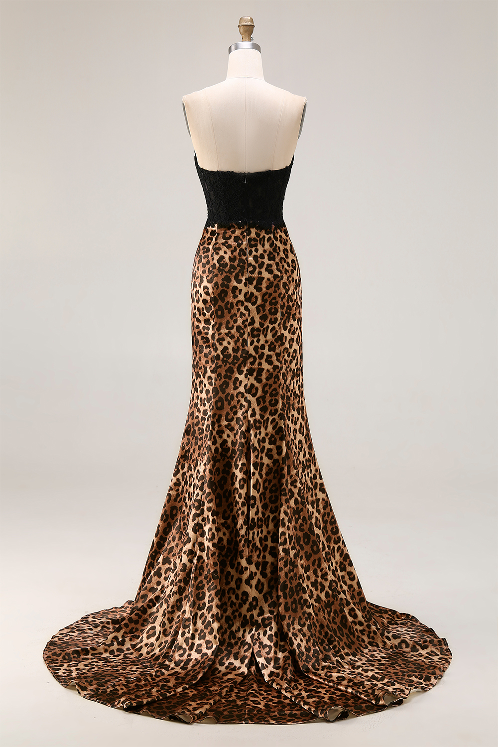 Brown Leopard Print Mermaid Sweetheart Long Prom Dress with Bow