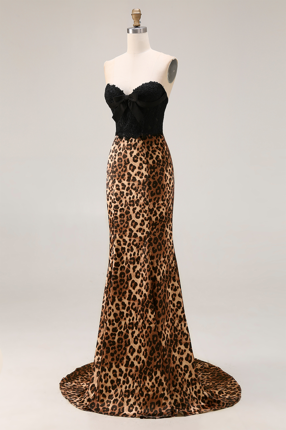 Brown Leopard Print Mermaid Sweetheart Long Prom Dress with Bow