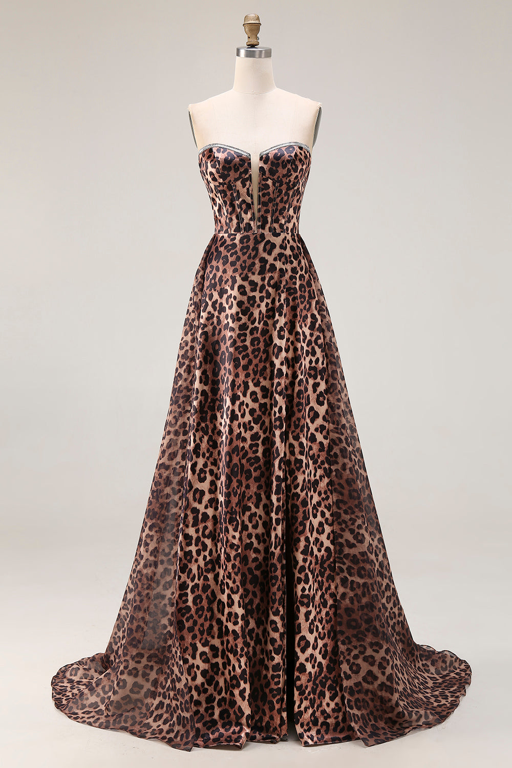 Leely Women Brown Leopard Print Maxi Corset Prom Dress Strapless A Line Formal Dress