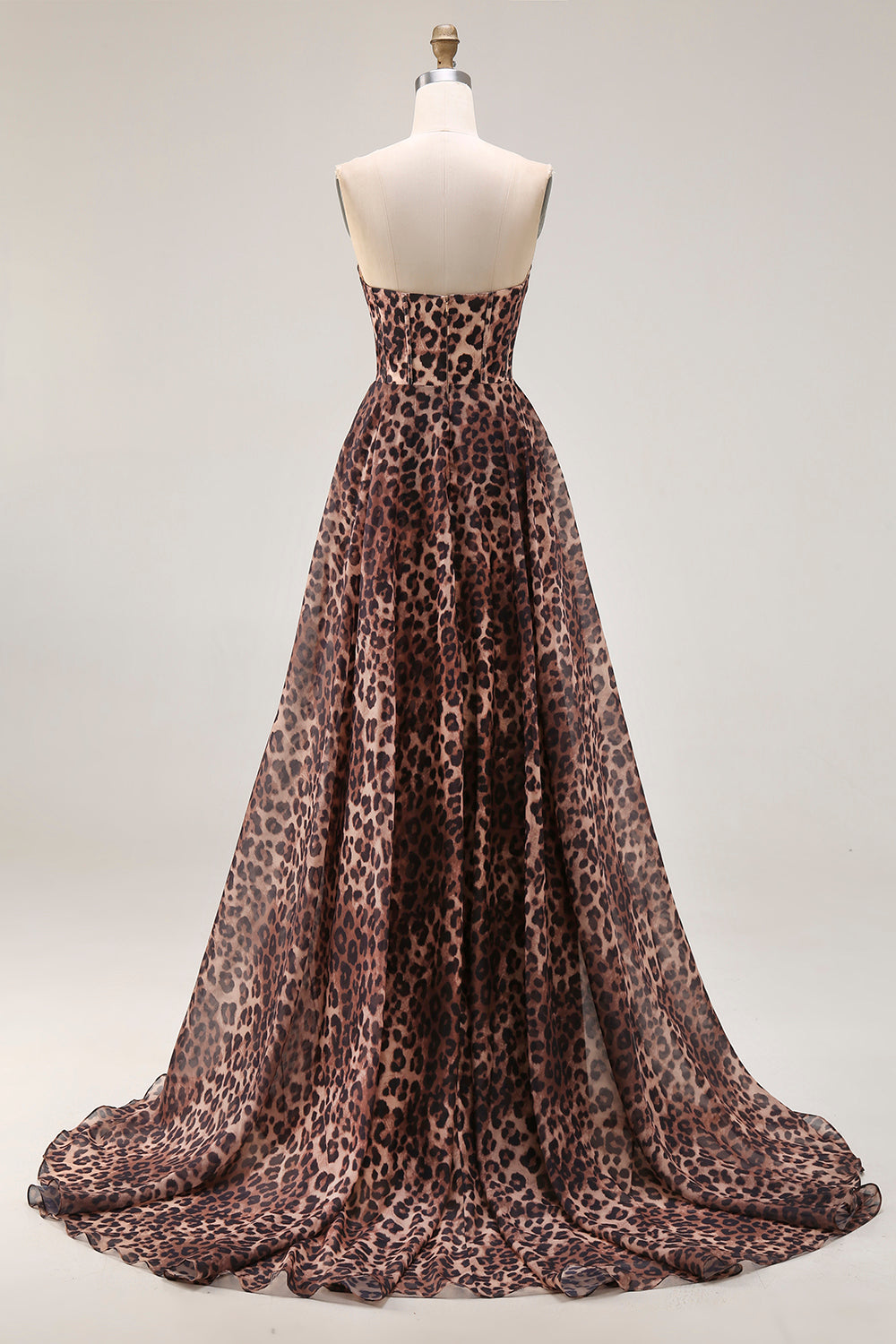 Strapless Brown Leopard Print A Line Long Corset Prom Dress